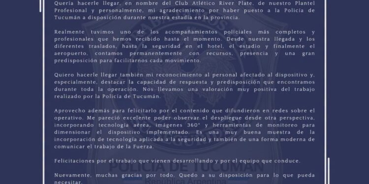 River Plate destacó el operativo de seguridad realizado por la Policía de Tucumán
