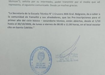Abren las preinscripciones para primer año en la Escuela Técnica N.º 1 de Famaillá
