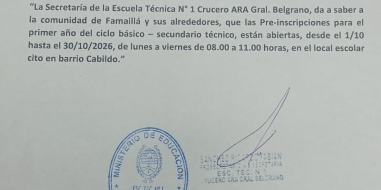 Abren las preinscripciones para primer año en la Escuela Técnica N.º 1 de Famaillá